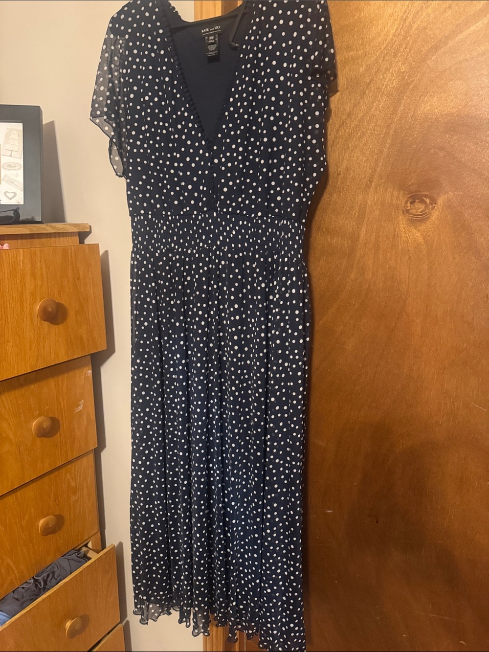 Lily and Kate Navy Polka Dot Maxi Dress with V-Neck and Smocked Waist